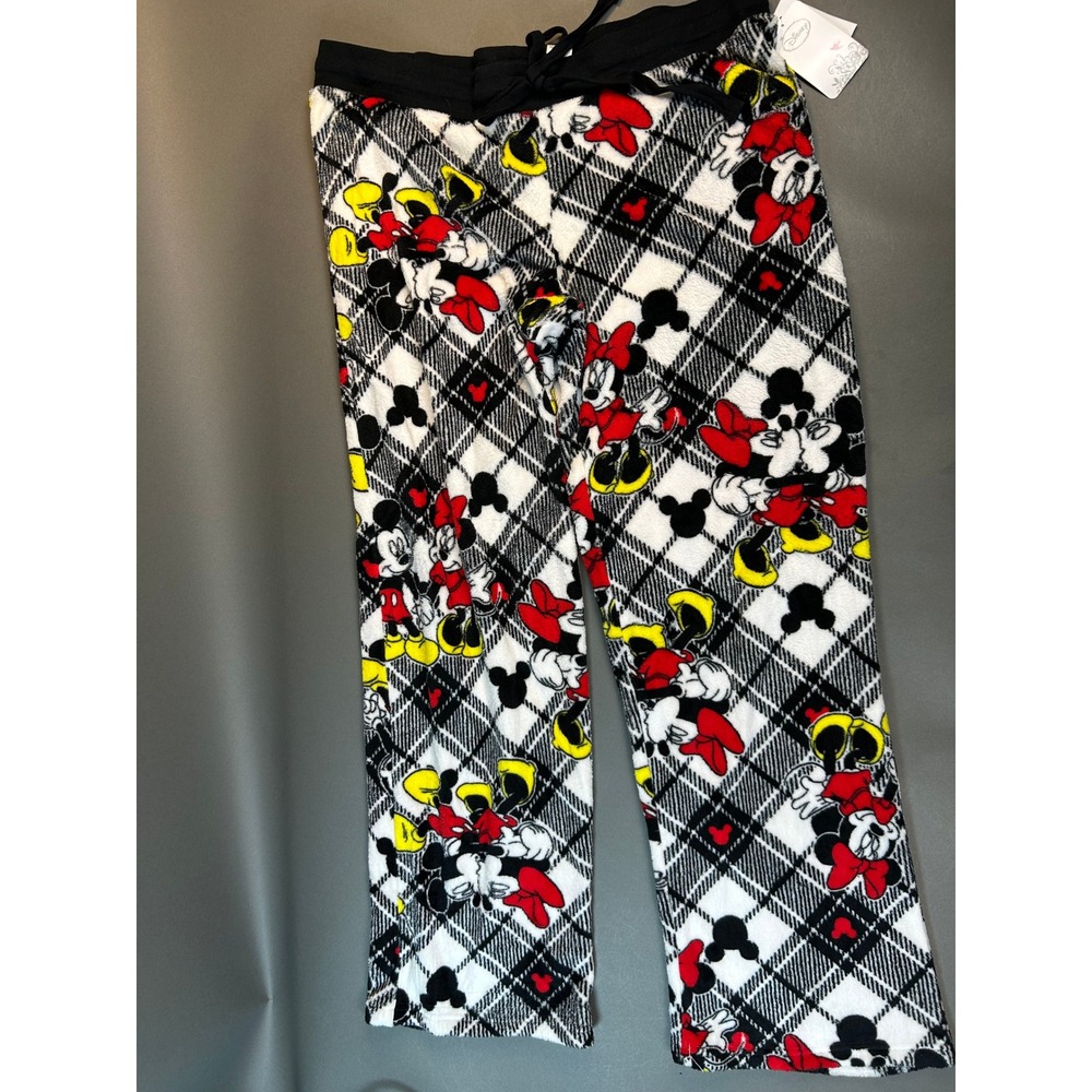 Disney Mickey Minnie Mouse Plaid Fleece Pajama Pants‎ Black White Red Hearts NEW